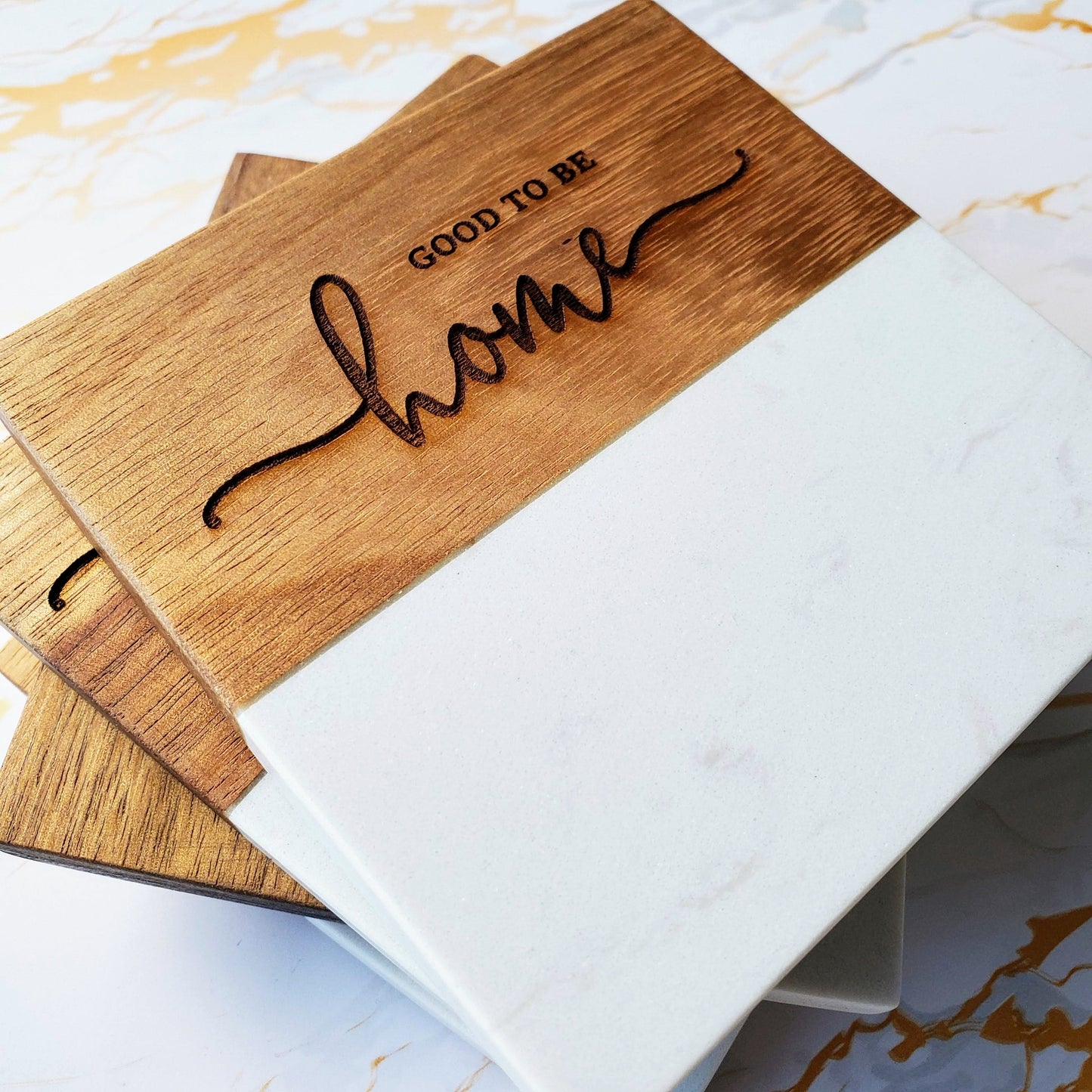 Coasters - Marble and Acacia Wood - Assorted Phrases