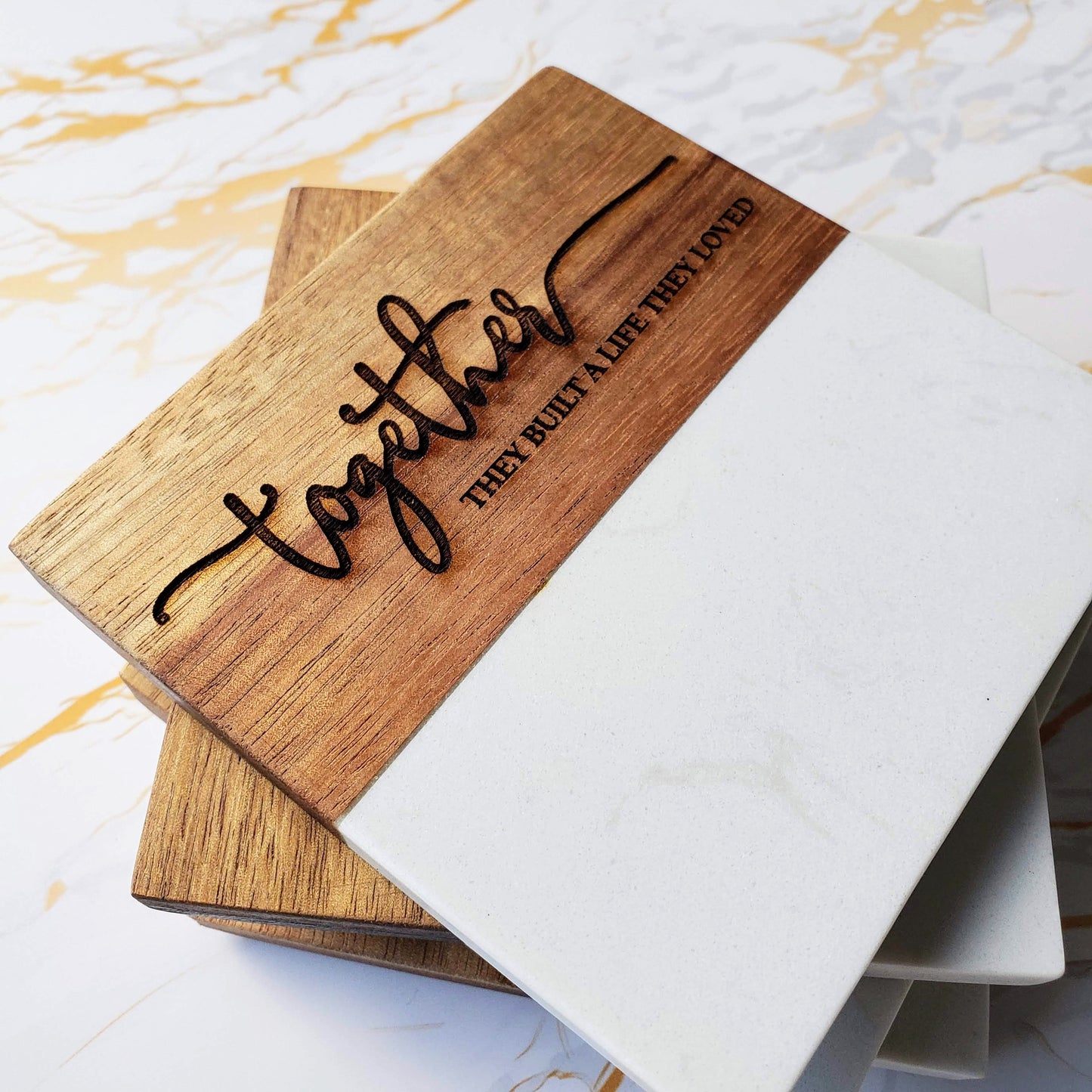 Coasters - Marble and Acacia Wood - Assorted Phrases