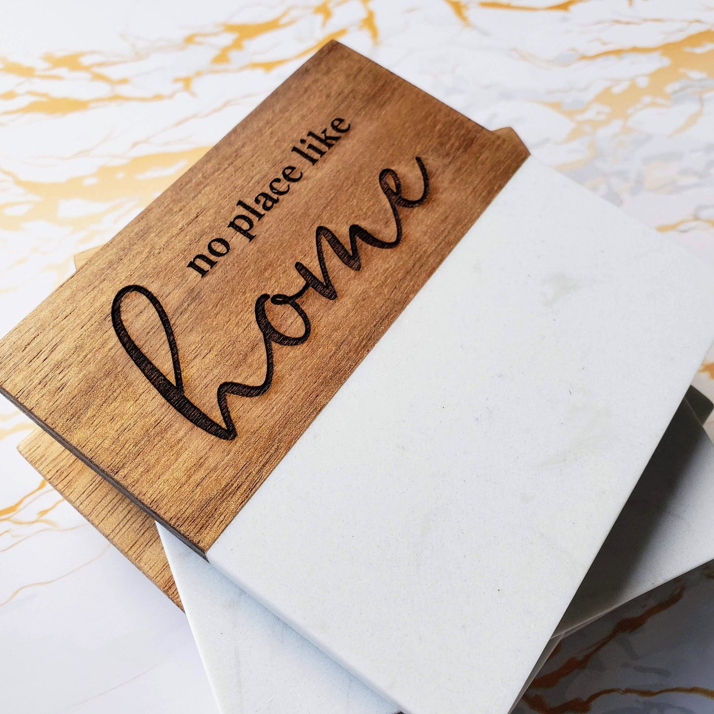 Coasters - Marble and Acacia Wood - Assorted Phrases