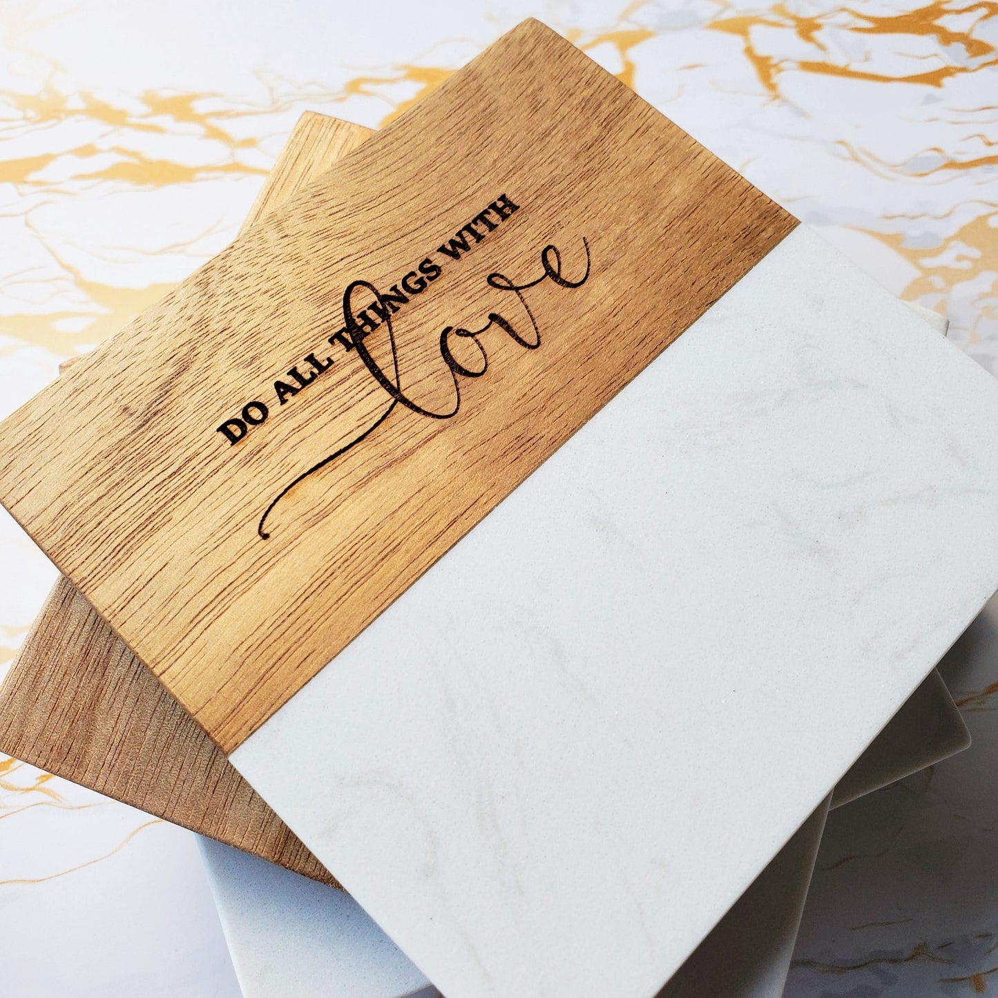 Coasters - Marble and Acacia Wood - Assorted Phrases