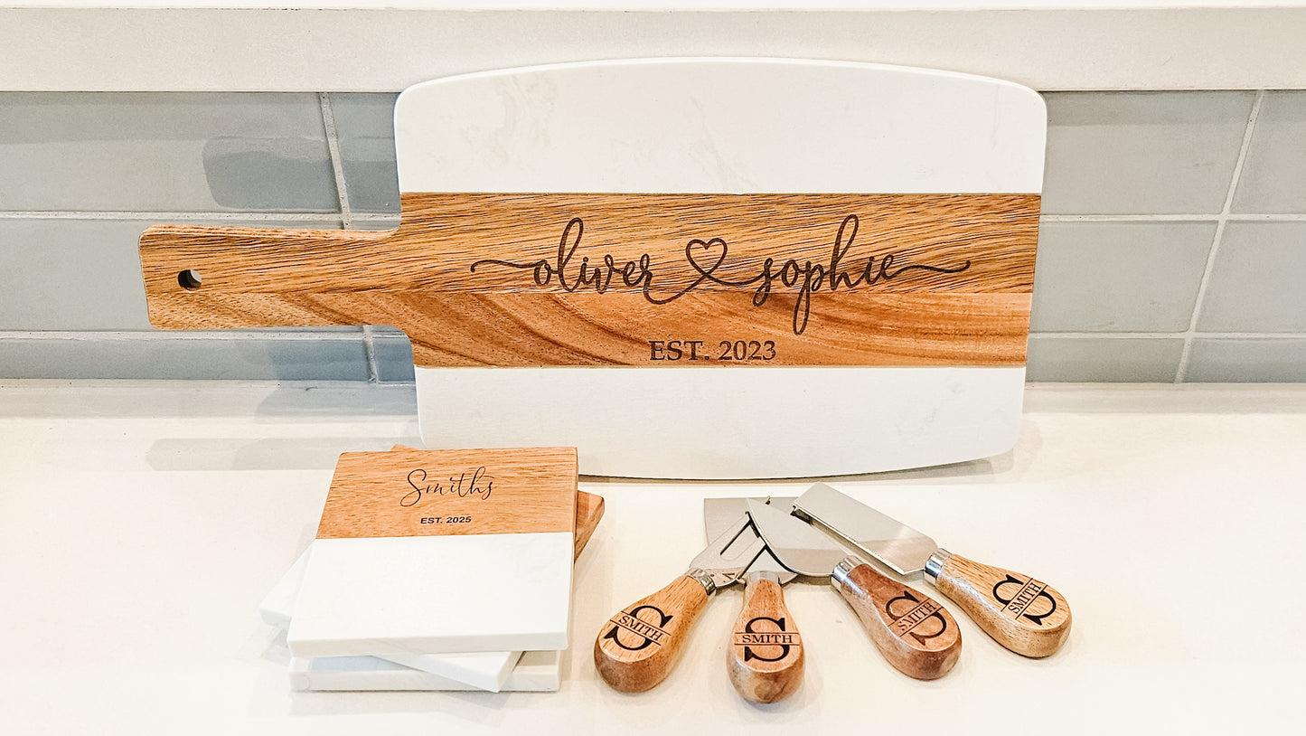 Personalized Marble & Acacia Wood Coasters