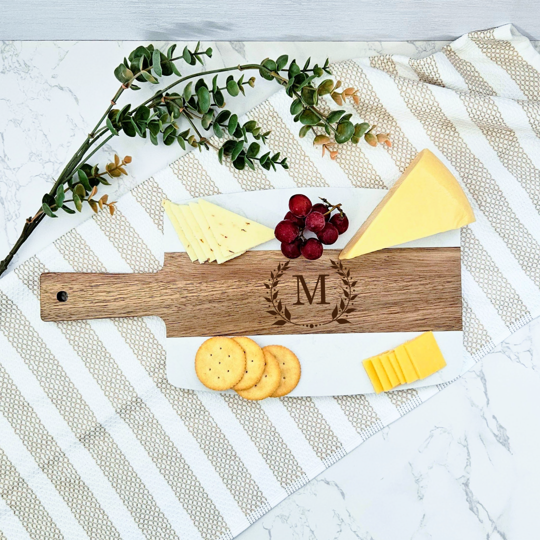 Marble and Wood Serving Board, Cheese Board, Charcuterie Board, Cutting Board, Personalized Engraving, Housewarming, Family, Couple, Gift