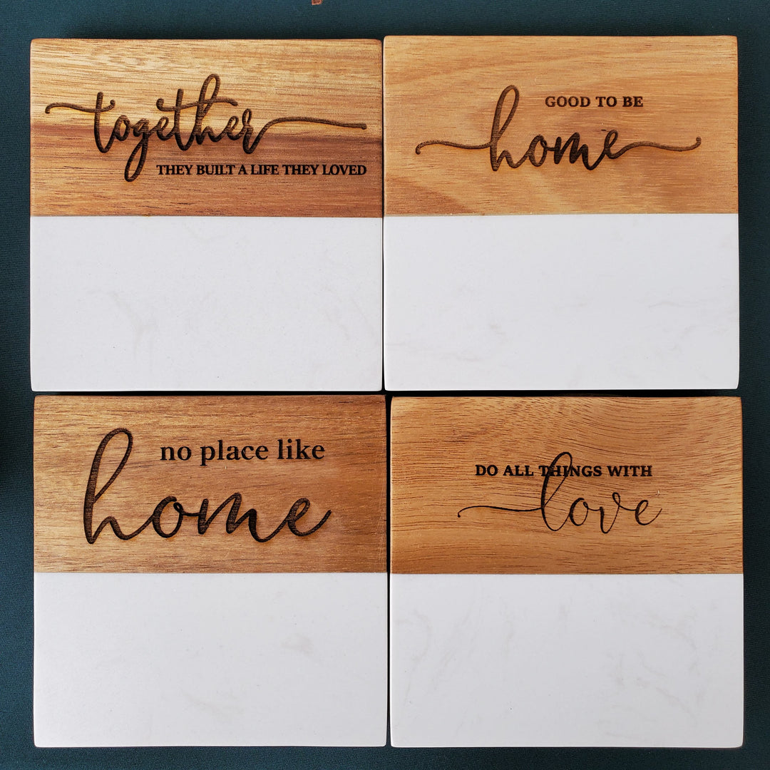 Coasters Marble and Acacia Wood Assorted Phrases - Emerald Wood Designs