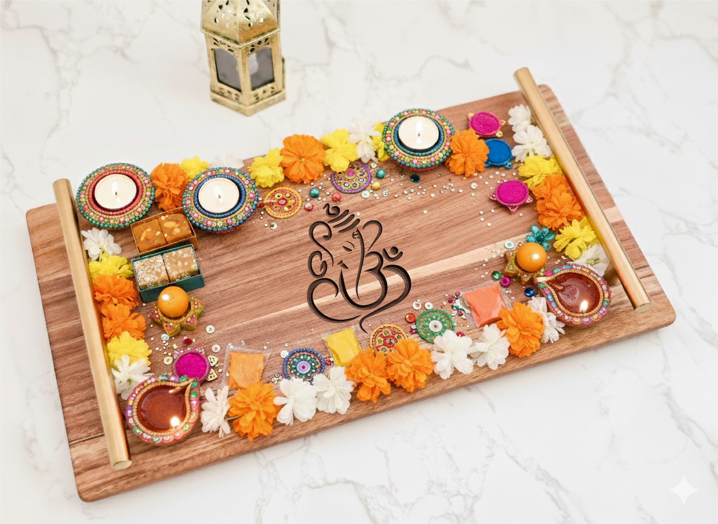 Wooden Serving Tray for Pooja | Lord Ganesh or Lakshmi Saraswathi Design Diwali Pooja