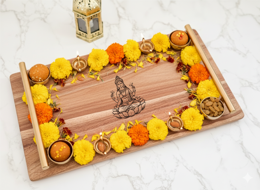 Wooden Serving Tray for Pooja | Lord Ganesh or Lakshmi Saraswathi Design Diwali Pooja