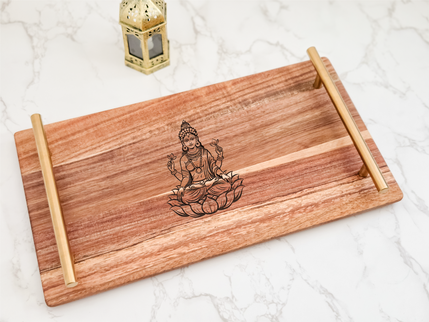 Wooden Serving Tray for Pooja | Lord Ganesh or Lakshmi Saraswathi Design Diwali Pooja