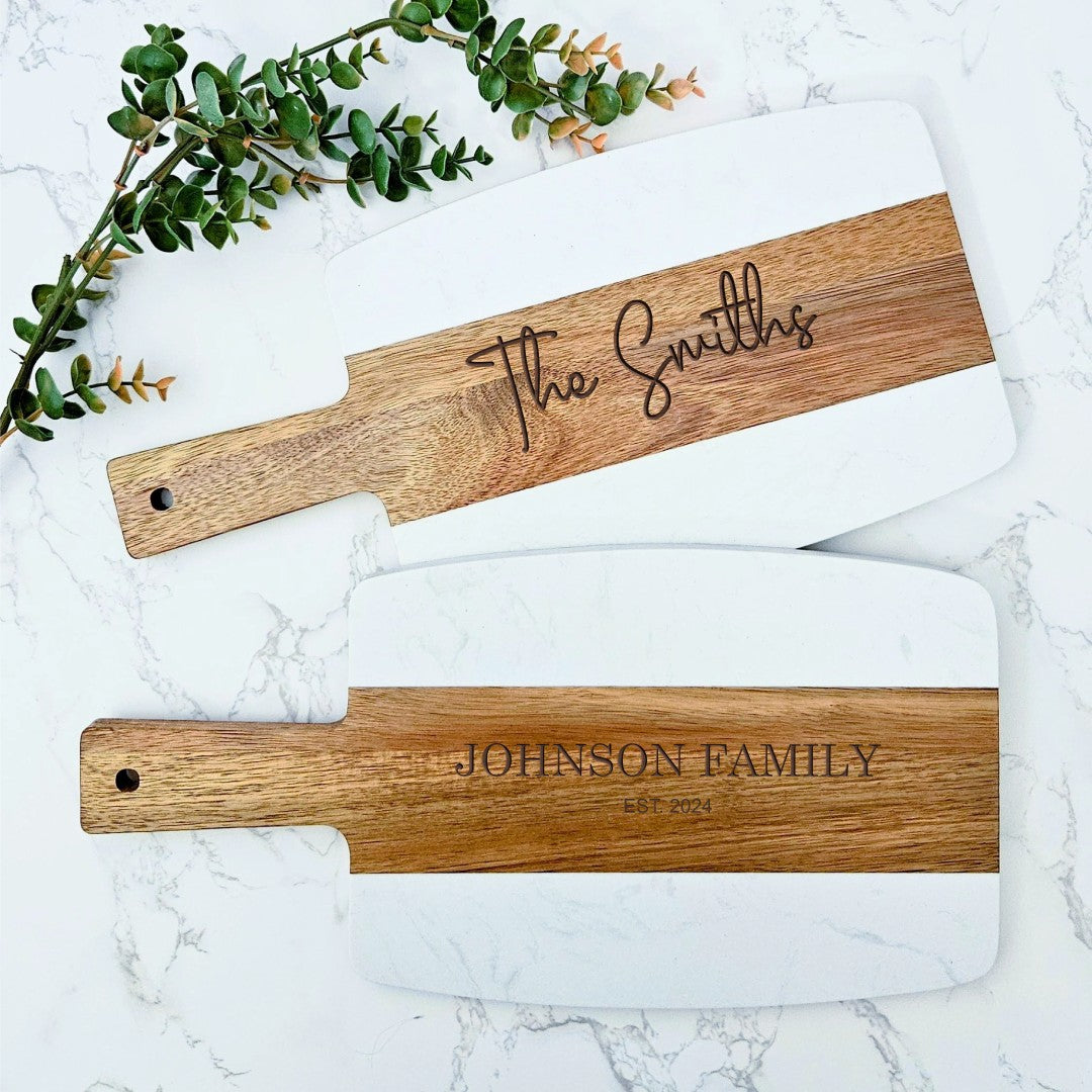 Marble and Wood Serving Board, Cheese Board, Charcuterie Board, Cutting Board, Personalized Engraving, Housewarming, Family, Couple, Gift