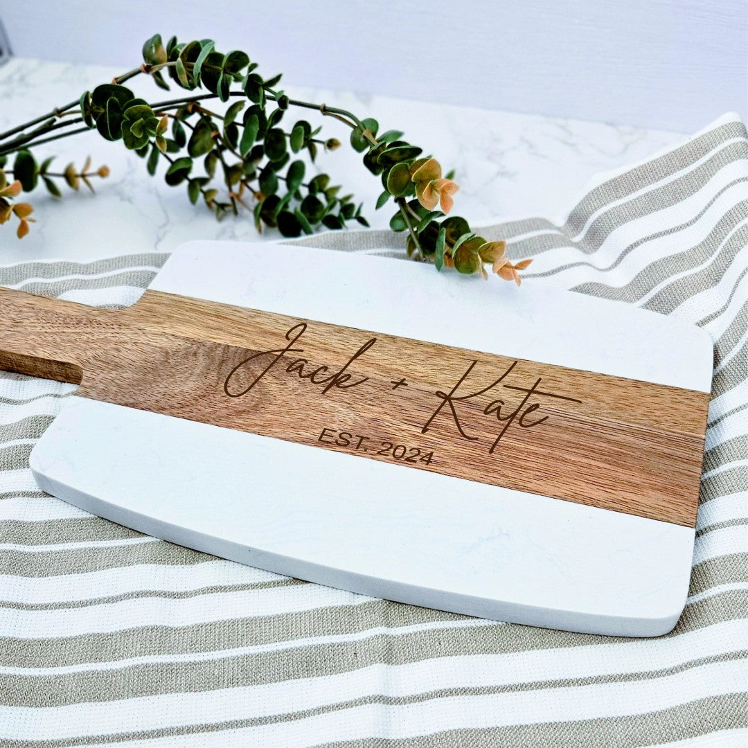 Marble and Wood Serving Board, Cheese Board, Charcuterie Board, Cutting Board, Personalized Engraving, Housewarming, Family, Couple, Gift