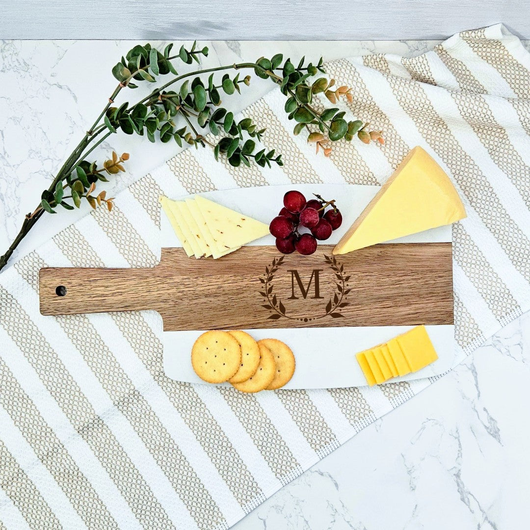 Marble and Wood Serving Board, Cheese Board, Charcuterie Board, Cutting Board, Personalized Engraving, Housewarming, Family, Couple, Gift